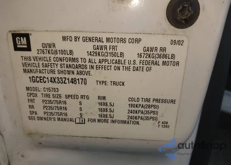 2003 Chevrolet Silverado 1500 из США, поврежденный, VIN 1GCEC14X33Z148170